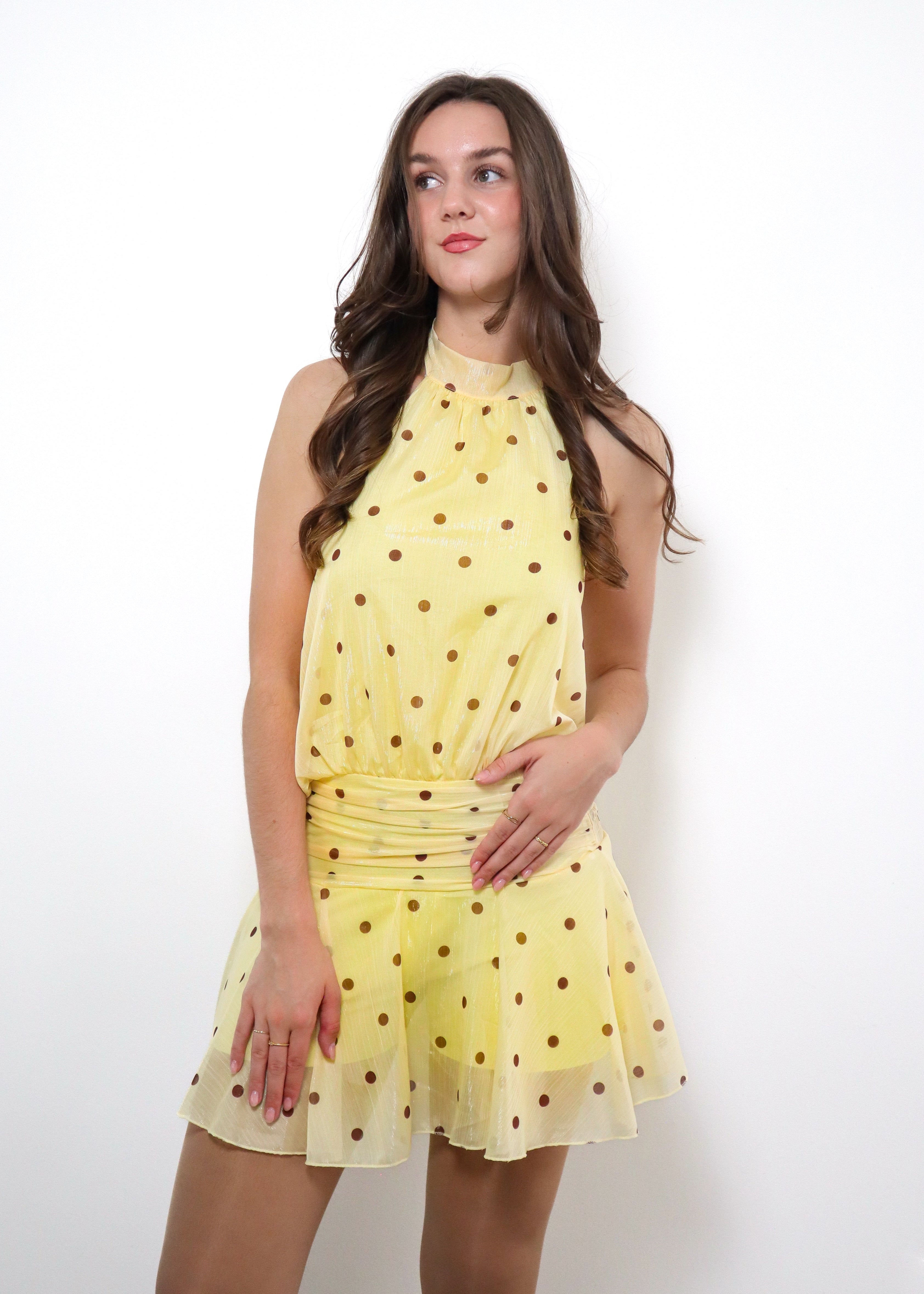 Butter Yellow Halter Jurkje met Polka Dots