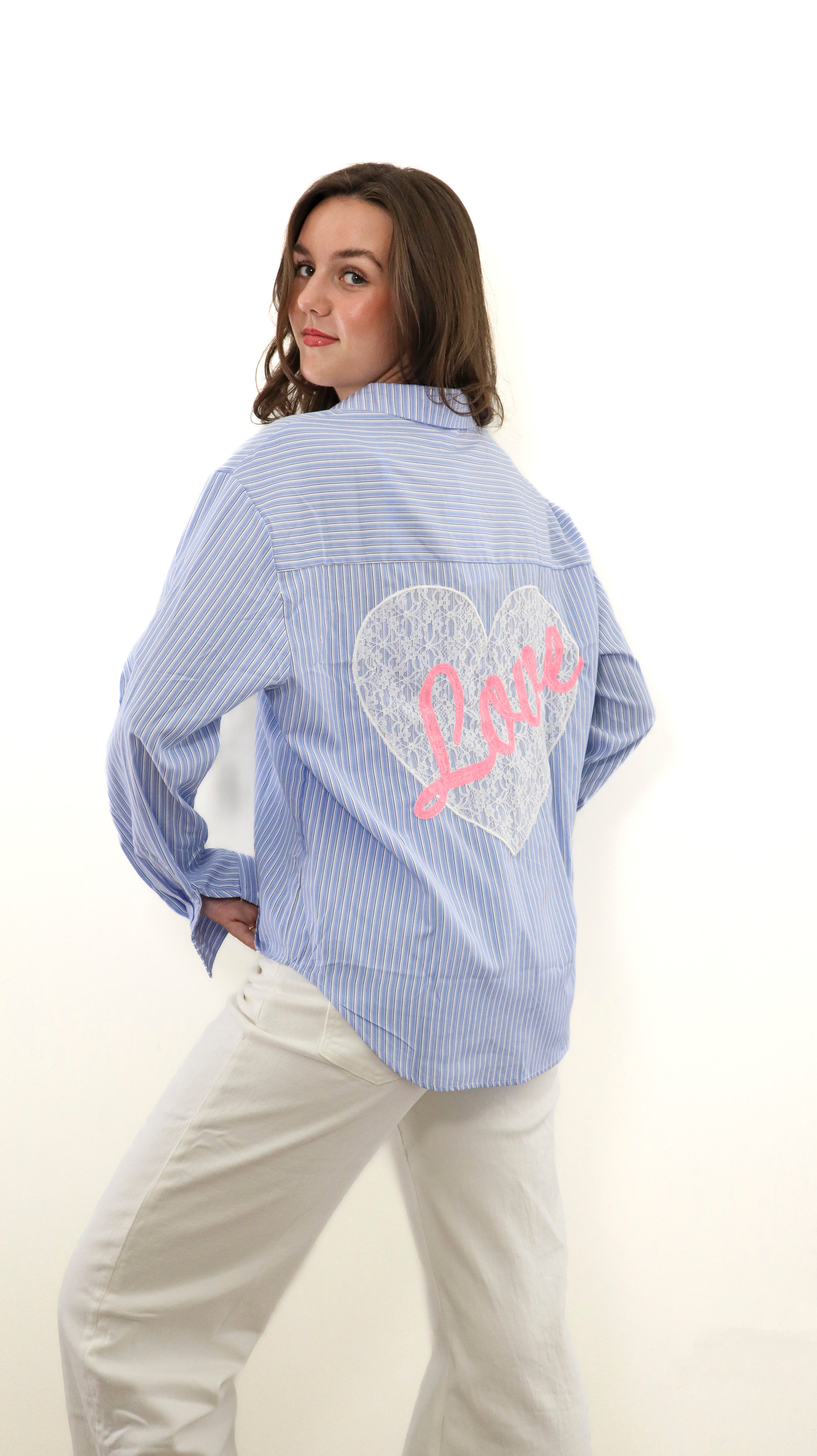 Blauw-Wit Gestreepte Blouse met Hartdetail